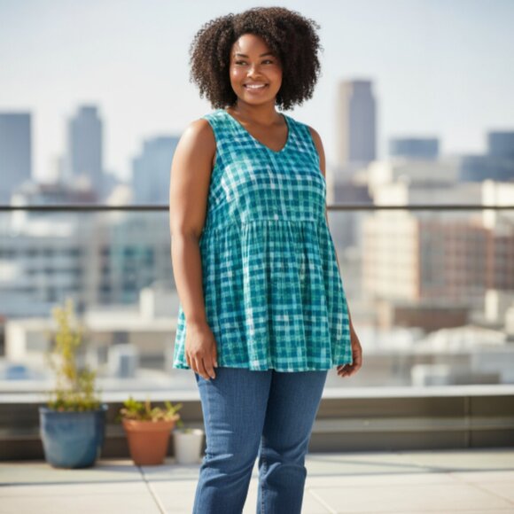 Melissa McCarthy Seven7 Tops - Melissa McCarthy Seven7 W Teal Sleeveless Plaid Babydoll Popover Top 1X EUC